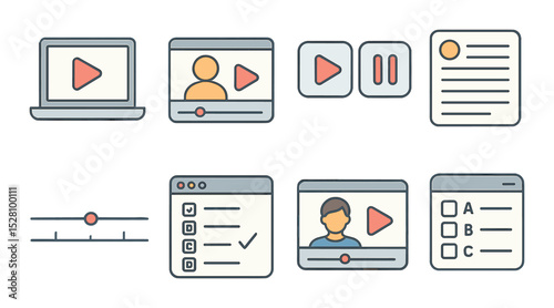 Educational Video Concept isometric set. Online course icon, video lecture, play & pause, transcript icon, chapter timeline, test overlay, instructor video