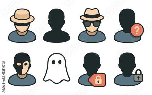 Anonymous Profile Concept isometric set. Hidden face avatar, silhouette icon, incognito glasses, question mark badge, masked profile, ghost icon, encrypted