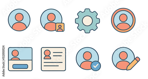 User profile interface isometric set. avatar circle, profile badge, settings gear, story ring, cover image layout, profile stats panel, verified checkmark.