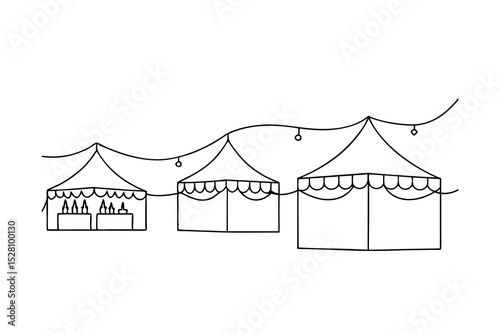 Simple line drawing of market stalls with string lights