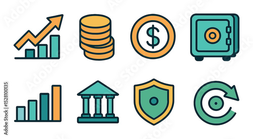 Finance Logo Concept isometric set. Growth arrow, coin stack, dollar ring, safe box icon, bar chart mark, abstract bank building, shield with dot.