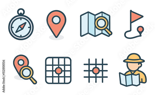 Search in Navigation Concept isometric set. Compass, GPS pin, folded map with search icon, route planner, destination flag, location magnifier, coordinates