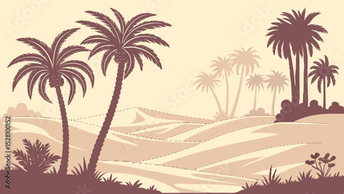 Desert oasis illusion: Pixel-art jungle floating above sand dunes. 16-bit style palm trees (limited 8 colors). Holographic glitch effects. Flat beige desert foreground. Digital mirage concept