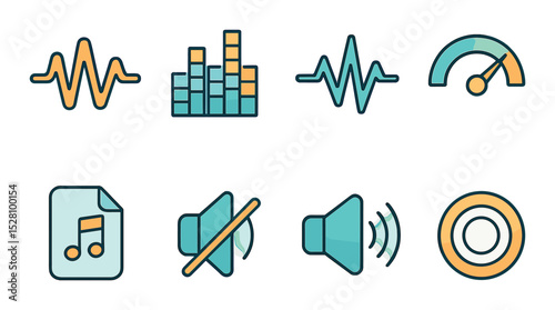 Sound waves and audio tech isometric set. wave icon, frequency spectrum, sound pulse, decibel meter, audio file icon, mute symbol, surround sound icon.