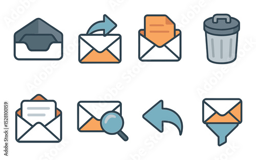 Email interface icons isometric set. inbox tray, sent mail arrow, draft envelope, trash bin, open envelope, mail search icon, reply arrow, email filter