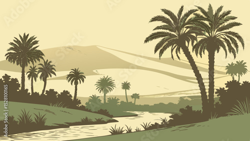 Desert oasis illusion: Pixel-art jungle floating above sand dunes. 16-bit style palm trees (limited 8 colors). Holographic glitch effects. Flat beige desert foreground. Digital mirage concept