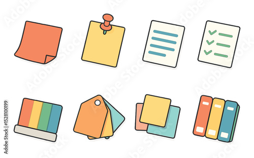 Color-coded notes isometric set. red sticky note, yellow page with pin, blue highlighted list, green checklist, rainbow tab divider, color palette for tags