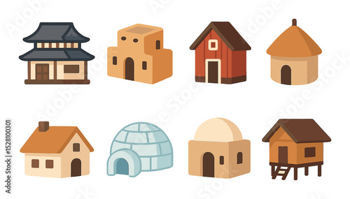 Cultural and regional homes isometric set. Japanese house, desert adobe, Nordic wooden home, African hut, European cottage, igloo, Middle Eastern dome home