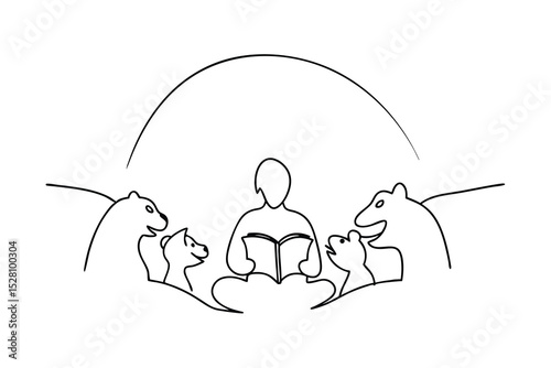 Person reading book surrounded by line drawing animals