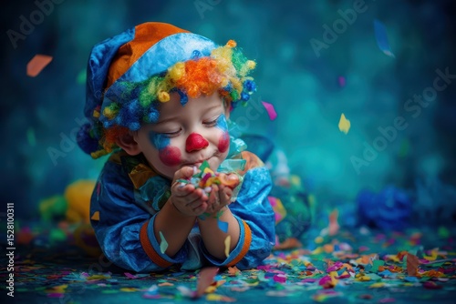 Small child dons clown wig and leaps with excitement during birthday festivities