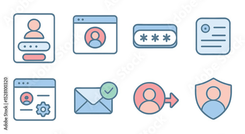 User profile and accounts isometric set. user login form, avatar on webpage, password field icon, profile dashboard, account settings page, email