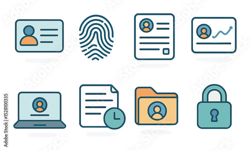 Personal Data Concept isometric set. User ID card, fingerprint icon, data form, profile chart, device history, account activity log, personal folder.