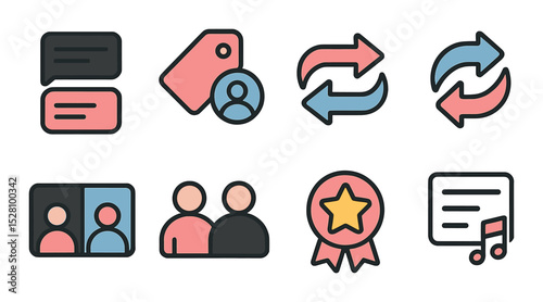 Collaboration and creators isometric set. dual post icon, tag collaborator, content credit icon, remix arrows, duet video symbol, co-host icon, creator