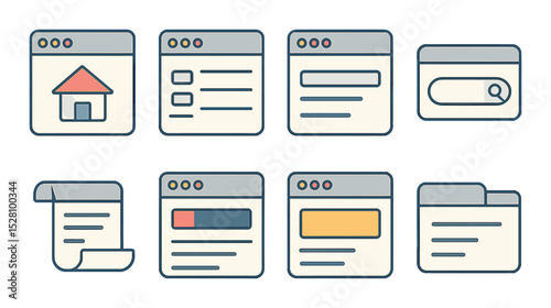 Website interface icons isometric set. homepage icon, browser window, navigation menu, search bar, webpage scroll icon, site header layout, web page