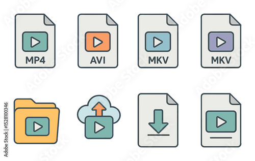 Video File Types Concept isometric set. MP4 icon, AVI file, MOV document, MKV symbol, file folder with video, cloud video upload, download arrow, preview