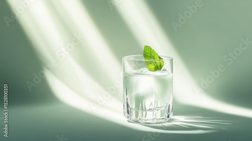 Mint shake in sunlight with shadows. Free copy space