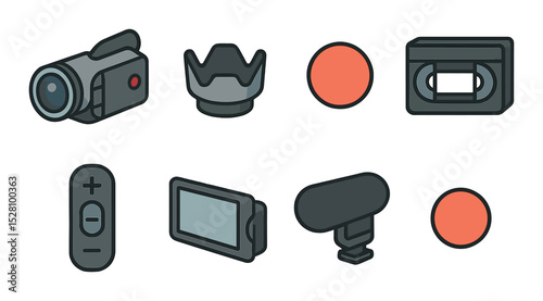 Video Camera Concept isometric set. Camcorder icon, lens hood, record button, video cassette, zoom toggle, LCD screen open, camera mic, red recording dot