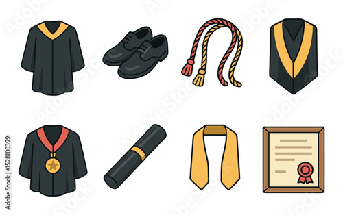 Grad gear pins isometric set. academic robe, polished shoes, honor cords, class sash, medal over gown, scroll case, graduation stole, framed diploma
