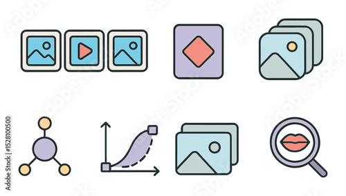 Animated Video Concept isometric set. Frame sequence, keyframe icon, puppet rig, onion skin tool, animation curve, background layer, motion path, lip-sync
