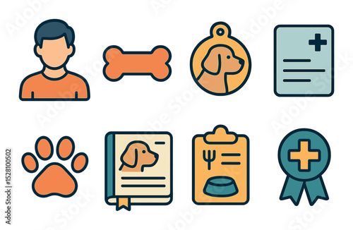 Pet Owner Profile Concept isometric set. Pet owner avatar, pet nameplate, breed tag, vaccination card, paw print icon, pet diary, feeding schedule, vet
