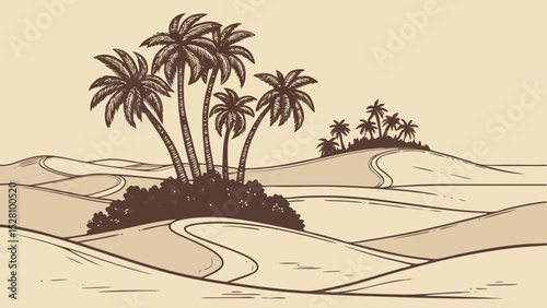 Desert oasis illusion: Pixel-art jungle floating above sand dunes. 16-bit style palm trees (limited 8 colors). Holographic glitch effects. Flat beige desert foreground. Digital mirage concept