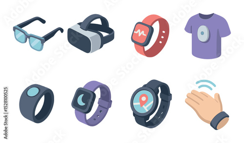 Wearable Tech Concept isometric set. Smart glasses, VR headset, heart rate band, posture tracker, smart ring, sleep monitor, GPS watch, gesture controller