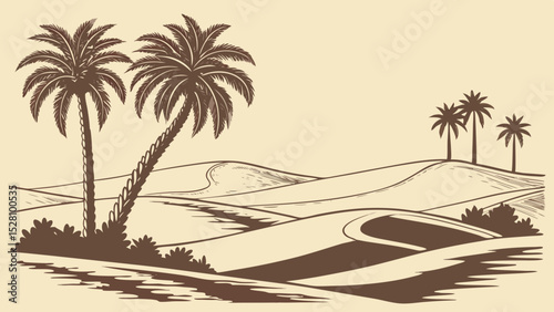 Desert oasis illusion: Pixel-art jungle floating above sand dunes. 16-bit style palm trees (limited 8 colors). Holographic glitch effects. Flat beige desert foreground. Digital mirage concept