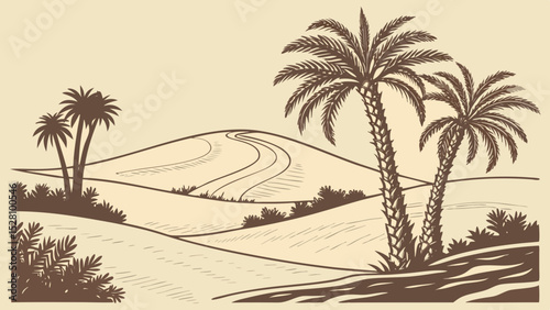 Desert oasis illusion: Pixel-art jungle floating above sand dunes. 16-bit style palm trees (limited 8 colors). Holographic glitch effects. Flat beige desert foreground. Digital mirage concept