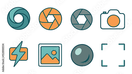 Photography Logo Concept isometric set. Camera lens swirl, aperture mark, shutter logo, minimalist camera outline, photo flash symbol, snapshot icon, lens