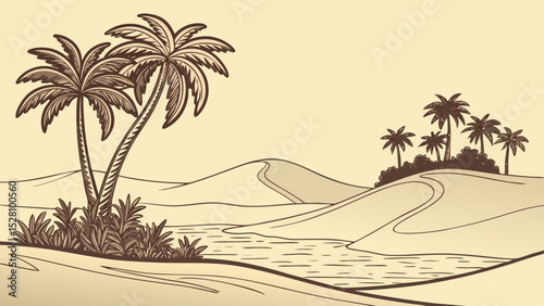 Desert oasis illusion: Pixel-art jungle floating above sand dunes. 16-bit style palm trees (limited 8 colors). Holographic glitch effects. Flat beige desert foreground. Digital mirage concept