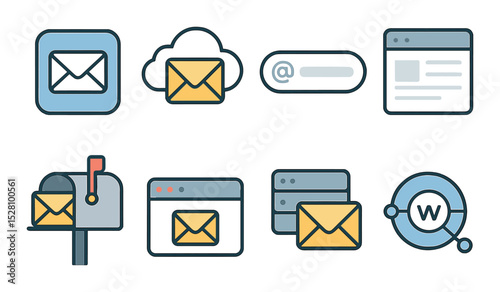 Mail platform elements isometric set. mail app icon, cloud inbox, email address field, compose window, mailbox with flag, email tab bar, server envelope.