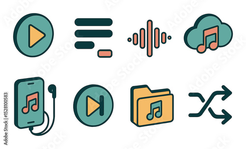 Music streaming icons isometric set. play button, playlist icon, waveform, cloud with note, mobile with earbuds, skip track, music folder, shuffle symbol