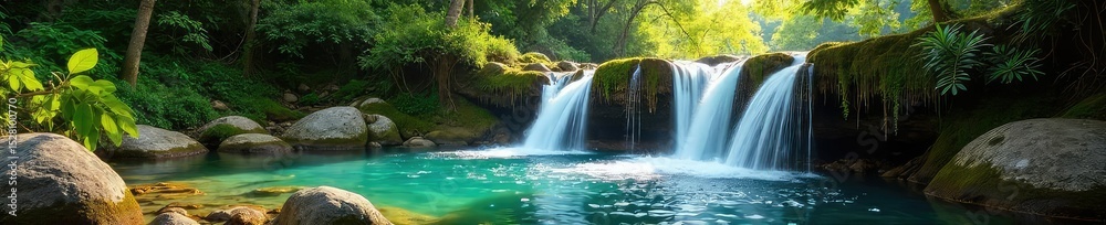 Fototapeta premium Refreshing waterfall cascading down mossy rocks into a pristine summer pool, surrounded by lush green foliage under bright sunlight , powerful, pristine