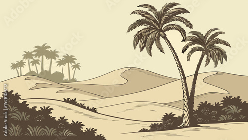Desert oasis illusion: Pixel-art jungle floating above sand dunes. 16-bit style palm trees (limited 8 colors). Holographic glitch effects. Flat beige desert foreground. Digital mirage concept