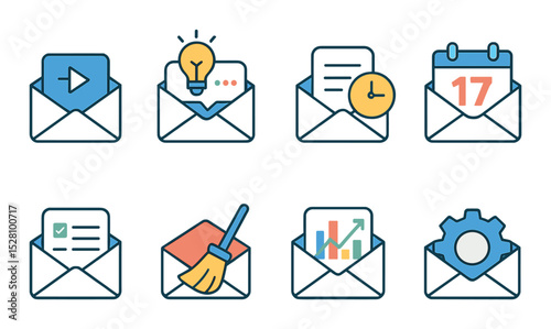 Mail productivity tools isometric set. quick reply icon, smart suggestions, follow-up reminder, calendar invite mail, task in email, archive sweep, email