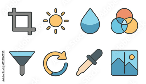 Photo editing tools isometric set. crop icon, brightness adjust, saturation control, color balance, filter icon, rotate image, retouch tool, before/after