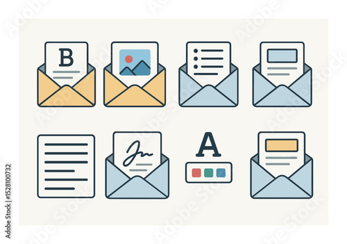 Mail design and formatting isometric set. bold text in message, image embed, bullet list in email, mail template icon, alignment tools, signature block.