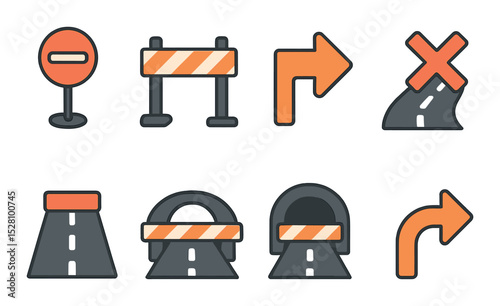 Closed in Navigation Concept isometric set. Blocked path sign, road closure, detour symbol, route X mark, dead-end icon, bridge closed, tunnel blocked.