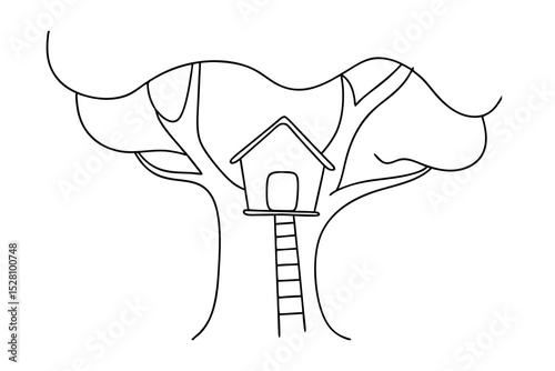 Simple line drawing of a treehouse in a large tree