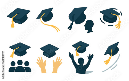 Cap toss pins isometric set. mid-air cap, cap with trail, silhouette tossing, spinning tassel, twin caps above crowd, hands in air, celebratory shadow.
