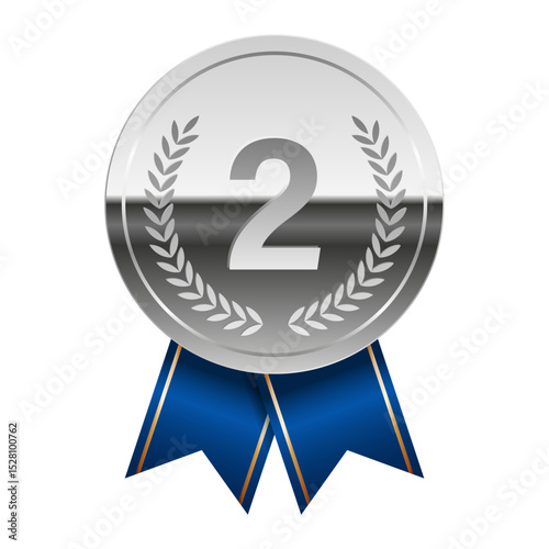 Silver glossy mirror medal with blue ribbons for sport and games