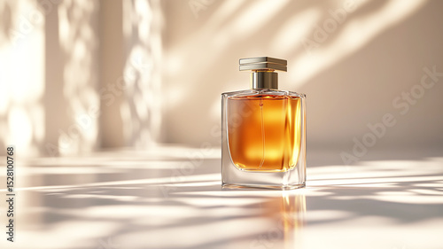 Elegant perfume bottle isolated on soft background illuminated by natural light