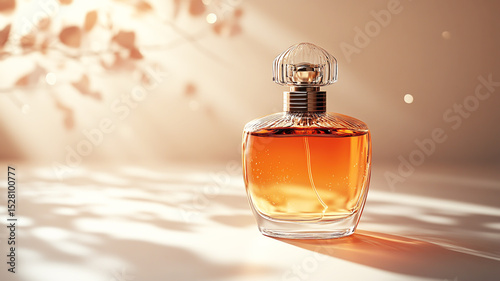 Elegant perfume bottle isolated on soft background illuminated by natural light