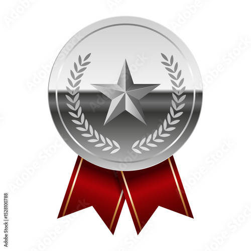 Silver glossy mirror medal with red ribbons and star for sport and games