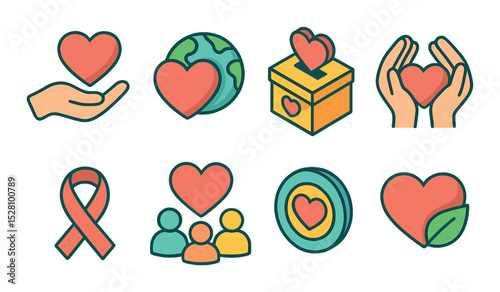 Charity and care hearts isometric set. hand holding heart, heart with globe, donation box with heart, giving hands and heart, heart ribbon symbol.