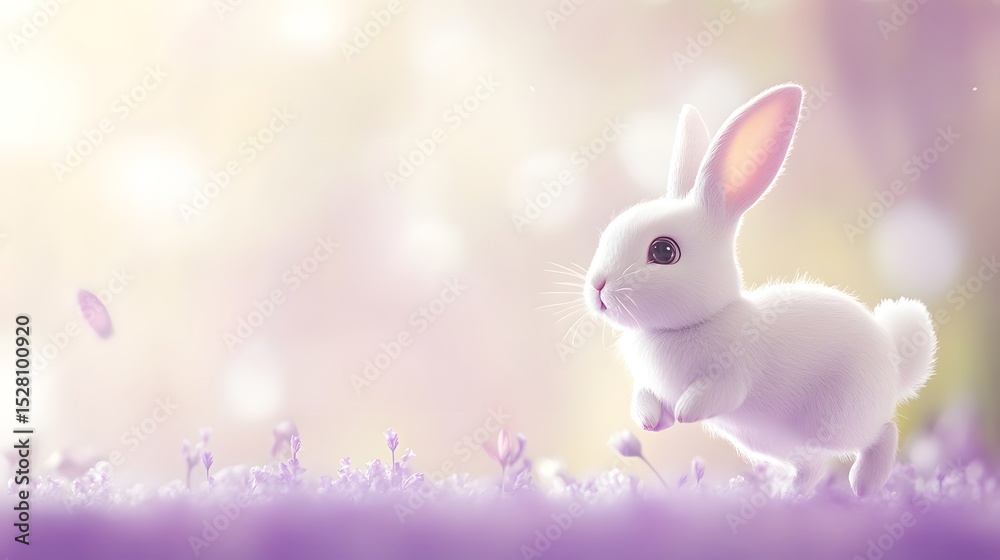 Obraz premium Cute white rabbit hopping in a dreamy purple flower field