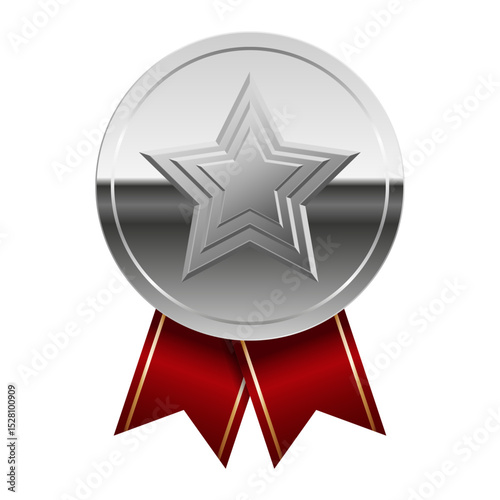 Silver glossy mirror medal with red ribbons and star for sport and games