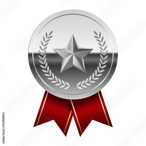Silver glossy mirror medal with red ribbons and star for sport and games