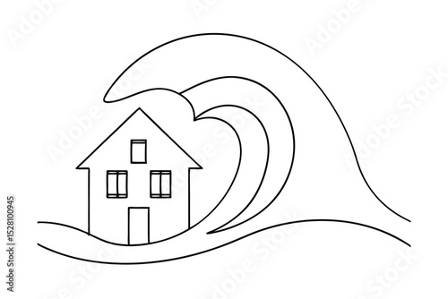 House engulfed by a large wave line drawing illustration