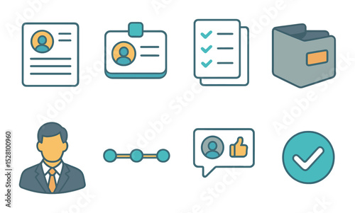 Professional Identity Concept isometric set. Resume icon, job title badge, skill list, portfolio folder, business suit avatar, experience timeline, profile